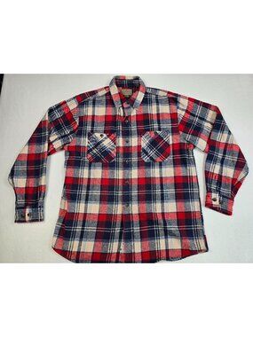CE Schmidt Workwear Red Blue Plaid Flannel Shirt Medium 100% Cotton Long Sleeve
